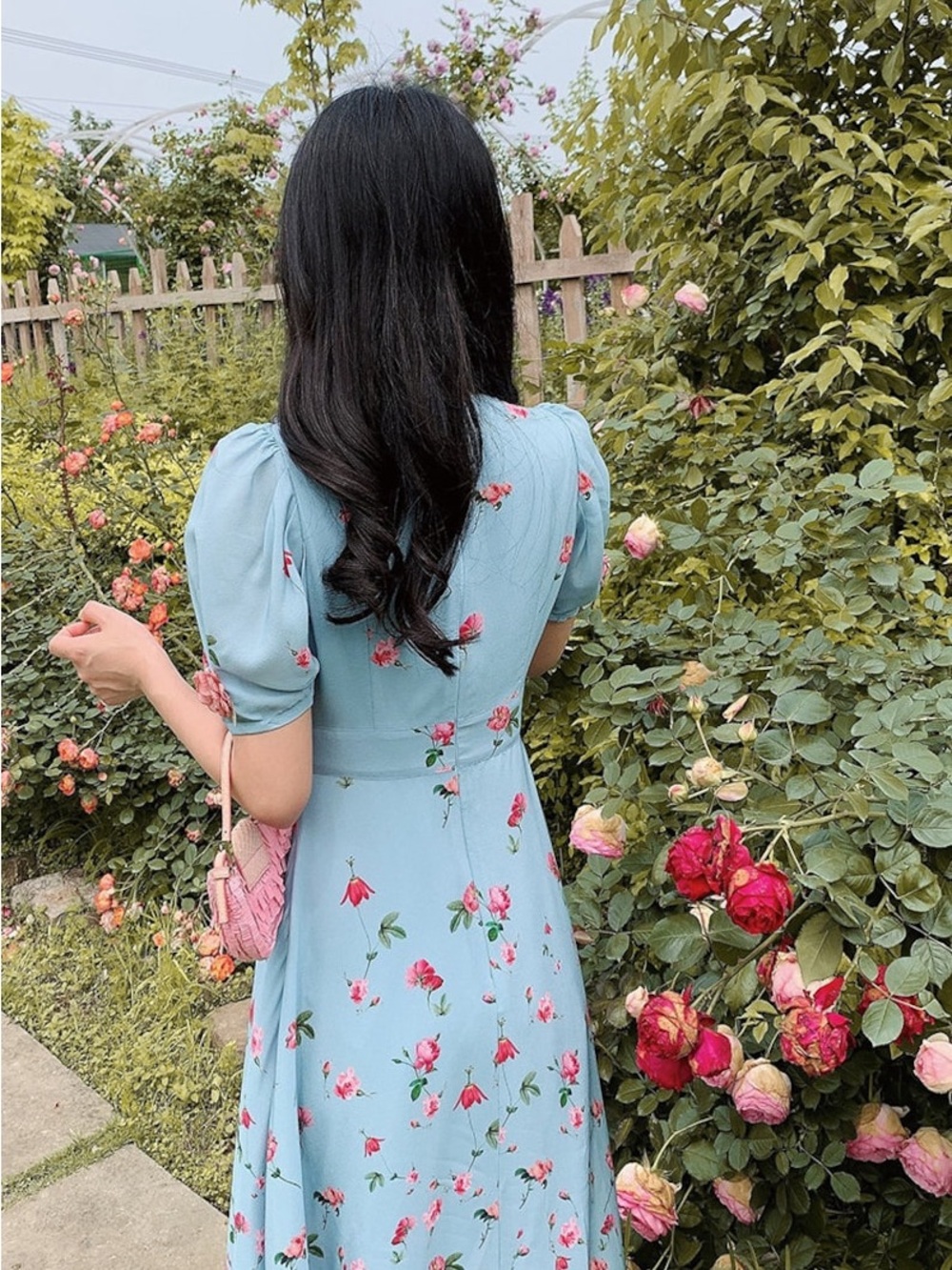 Light Blue Floral Midi Dress with Pink Embroidery